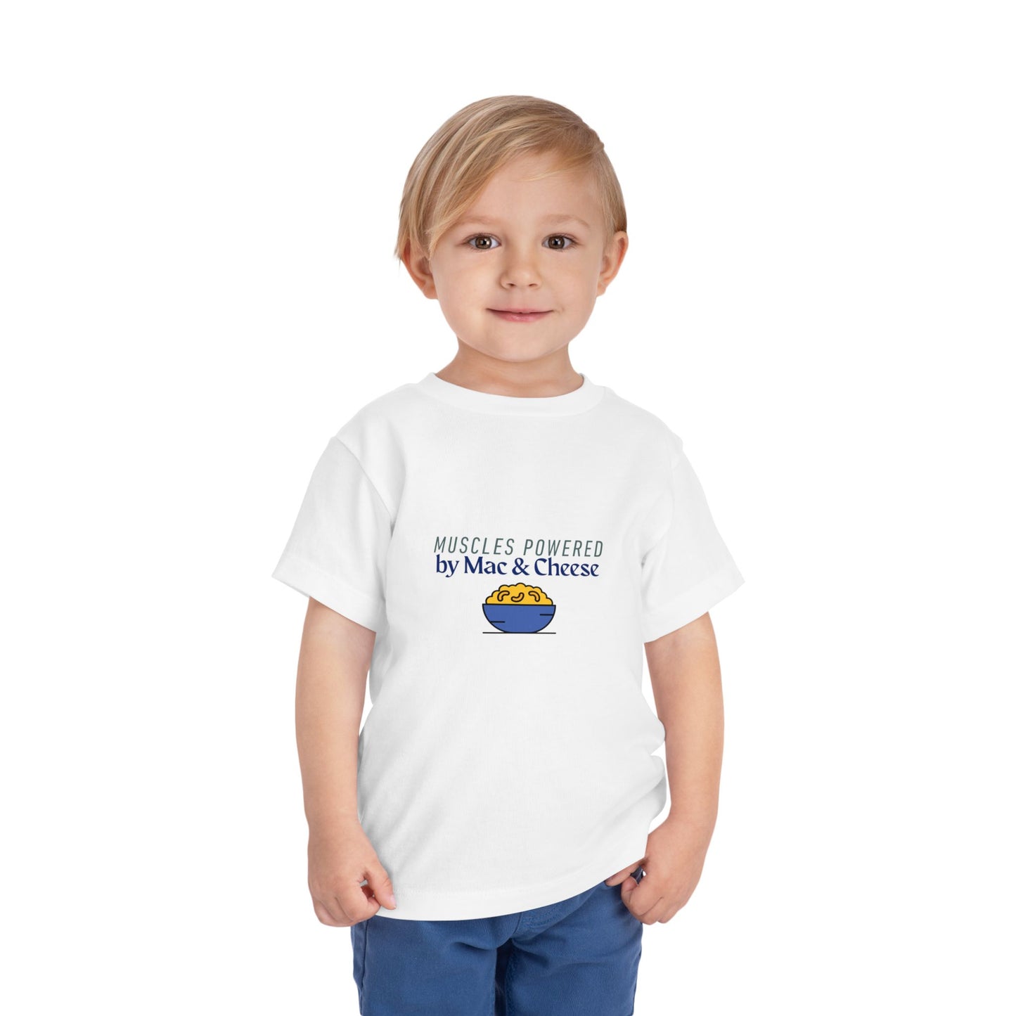 Muscles Powered by Mac & Cheese Toddler Tee, Funny Kids Shirt, Toddler Gift, Cute Tee for Food Lovers, Kids Summer Clothing, Unique Baby Tee