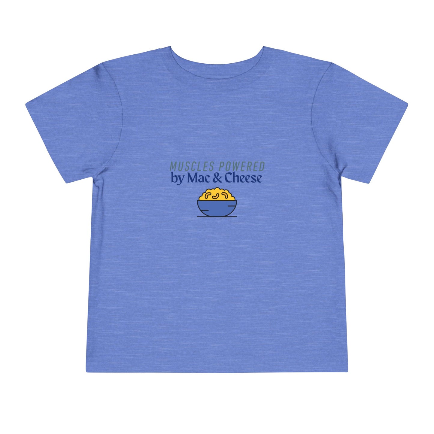Muscles Powered by Mac & Cheese Toddler Tee, Funny Kids Shirt, Toddler Gift, Cute Tee for Food Lovers, Kids Summer Clothing, Unique Baby Tee