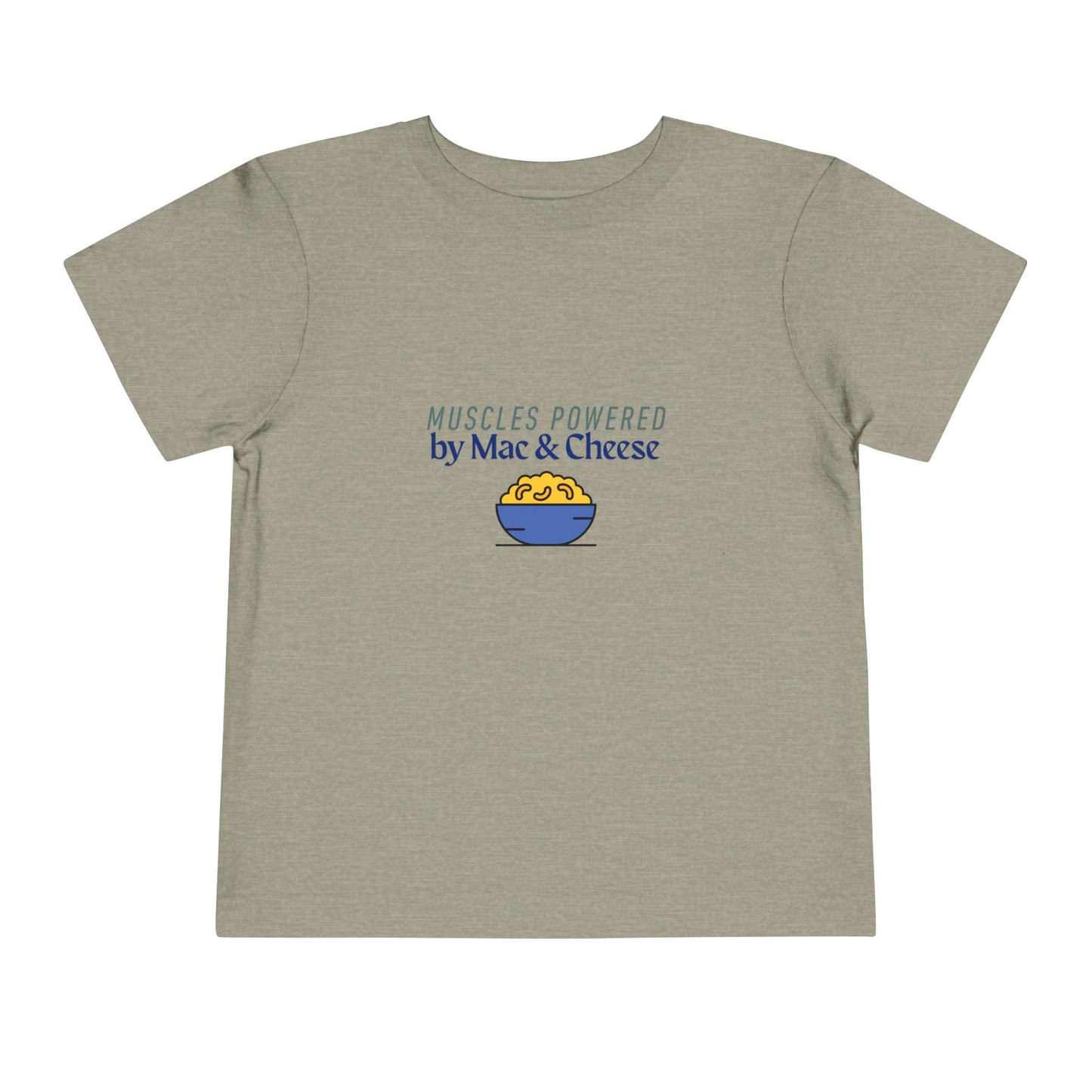 Muscles Powered by Mac & Cheese Toddler Tee, Funny Kids Shirt, Toddler Gift, Cute Tee for Food Lovers, Kids Summer Clothing, Unique Baby Tee