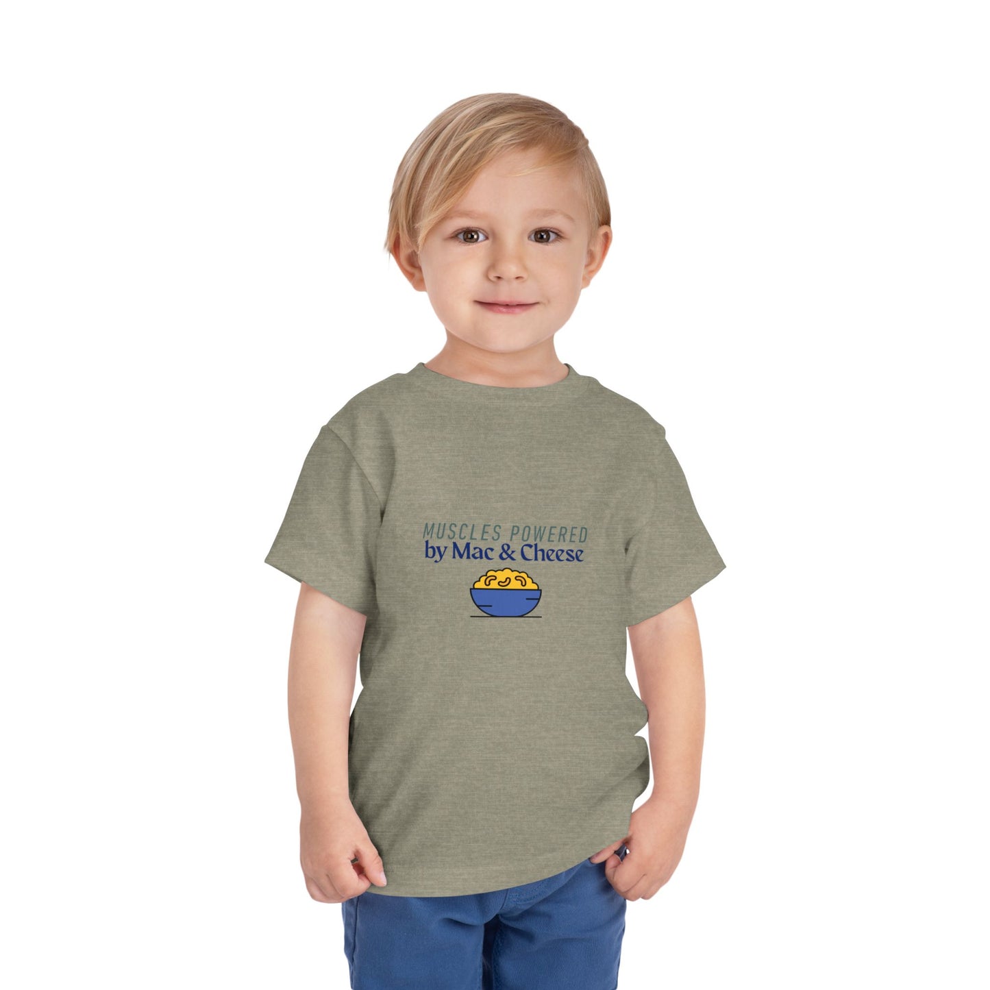 Muscles Powered by Mac & Cheese Toddler Tee, Funny Kids Shirt, Toddler Gift, Cute Tee for Food Lovers, Kids Summer Clothing, Unique Baby Tee