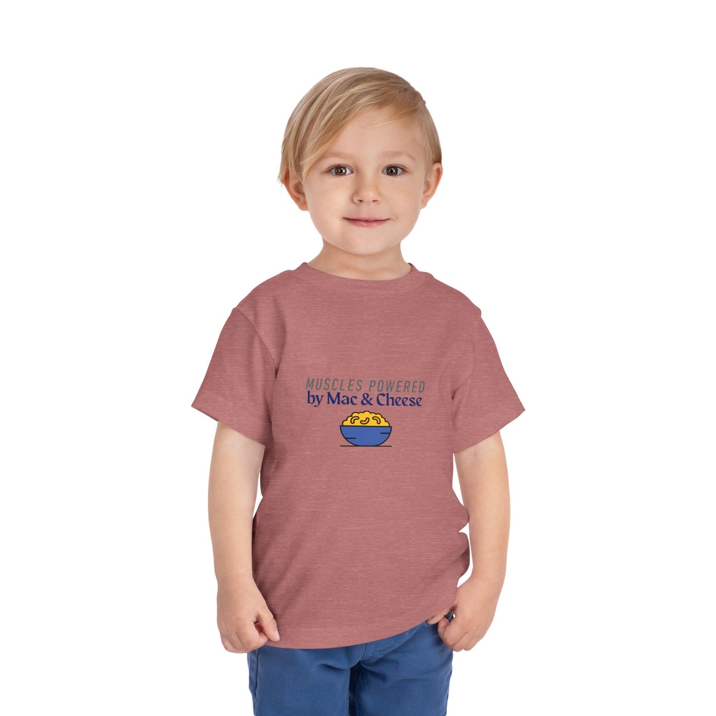 Muscles Powered by Mac & Cheese Toddler Tee, Funny Kids Shirt, Toddler Gift, Cute Tee for Food Lovers, Kids Summer Clothing, Unique Baby Tee
