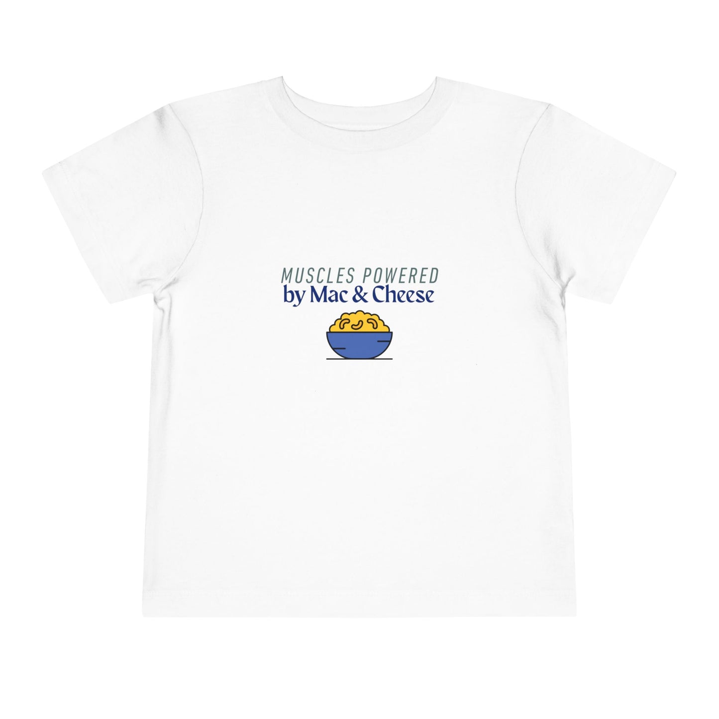 Muscles Powered by Mac & Cheese Toddler Tee, Funny Kids Shirt, Toddler Gift, Cute Tee for Food Lovers, Kids Summer Clothing, Unique Baby Tee