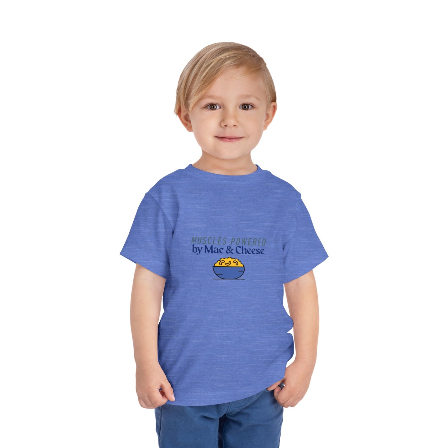 Muscles Powered by Mac & Cheese Toddler Tee, Funny Kids Shirt, Toddler Gift, Cute Tee for Food Lovers, Kids Summer Clothing, Unique Baby Tee